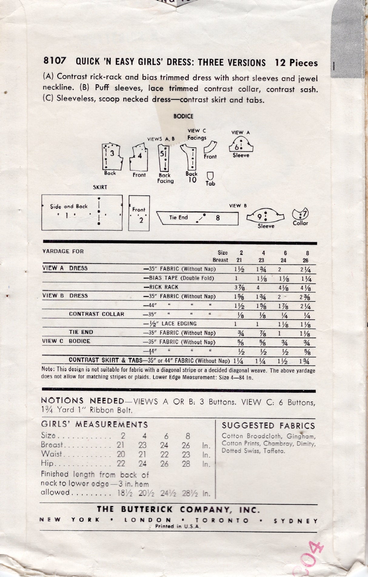 1950's Butterick Child's Fit and Flare Dress Pattern - Chest 24" - No. 8107