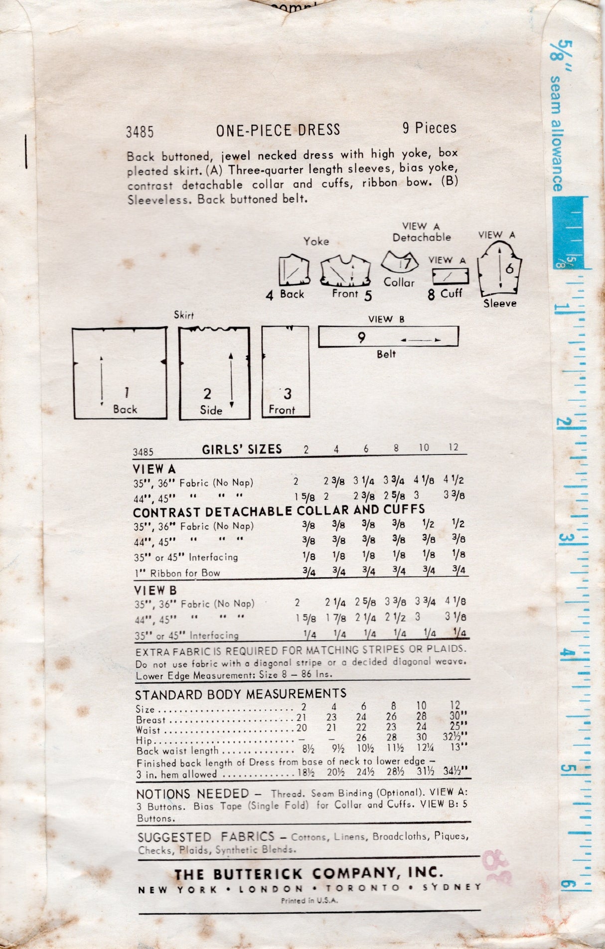 1960's Butterick Child's Box pleated Dress with Belt Pattern - Chest 26" - No. 3485