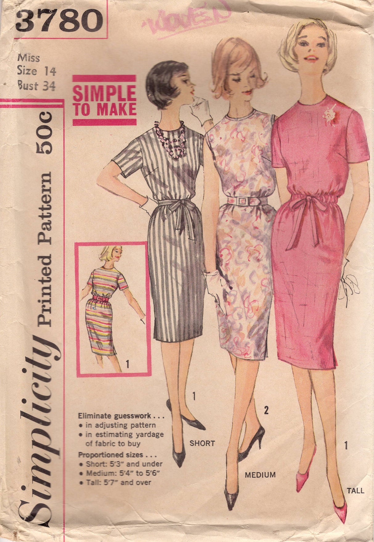 1960's Simplicity One-Piece Sheath Dress Pattern with Proportioned fit - Bust 34" - no. 3780