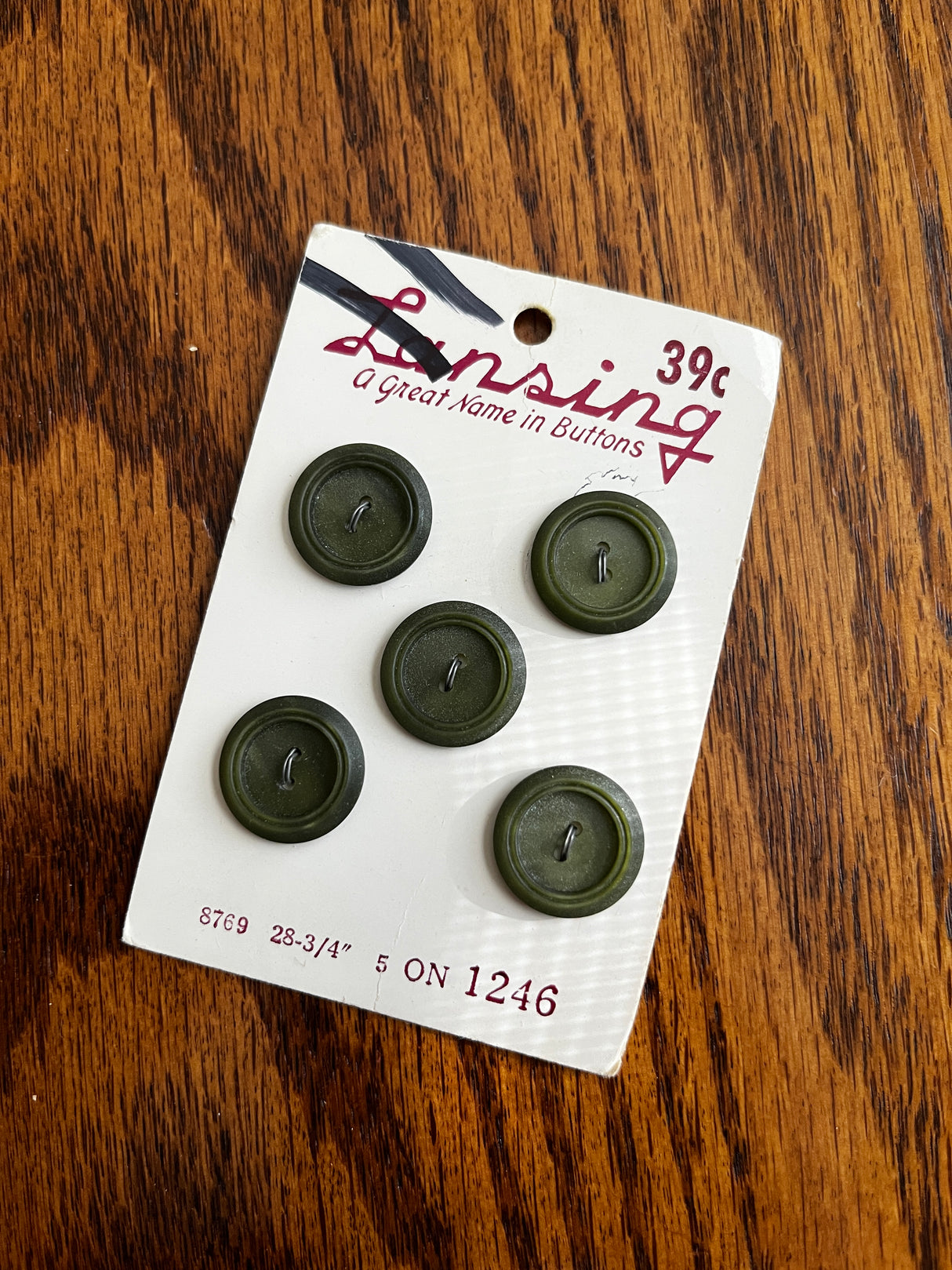 1970’s Lansing Olive Green Plastic Button - Set of 5 - 3/4” - on card