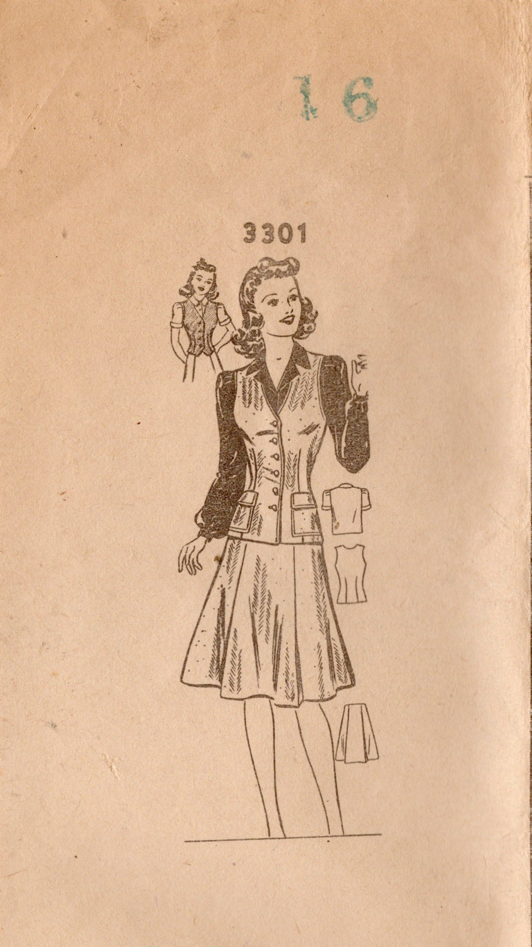1940's Mail Order Blouse, Vest and 6 Gore Skirt Pattern - Bust 34" - No. 3301