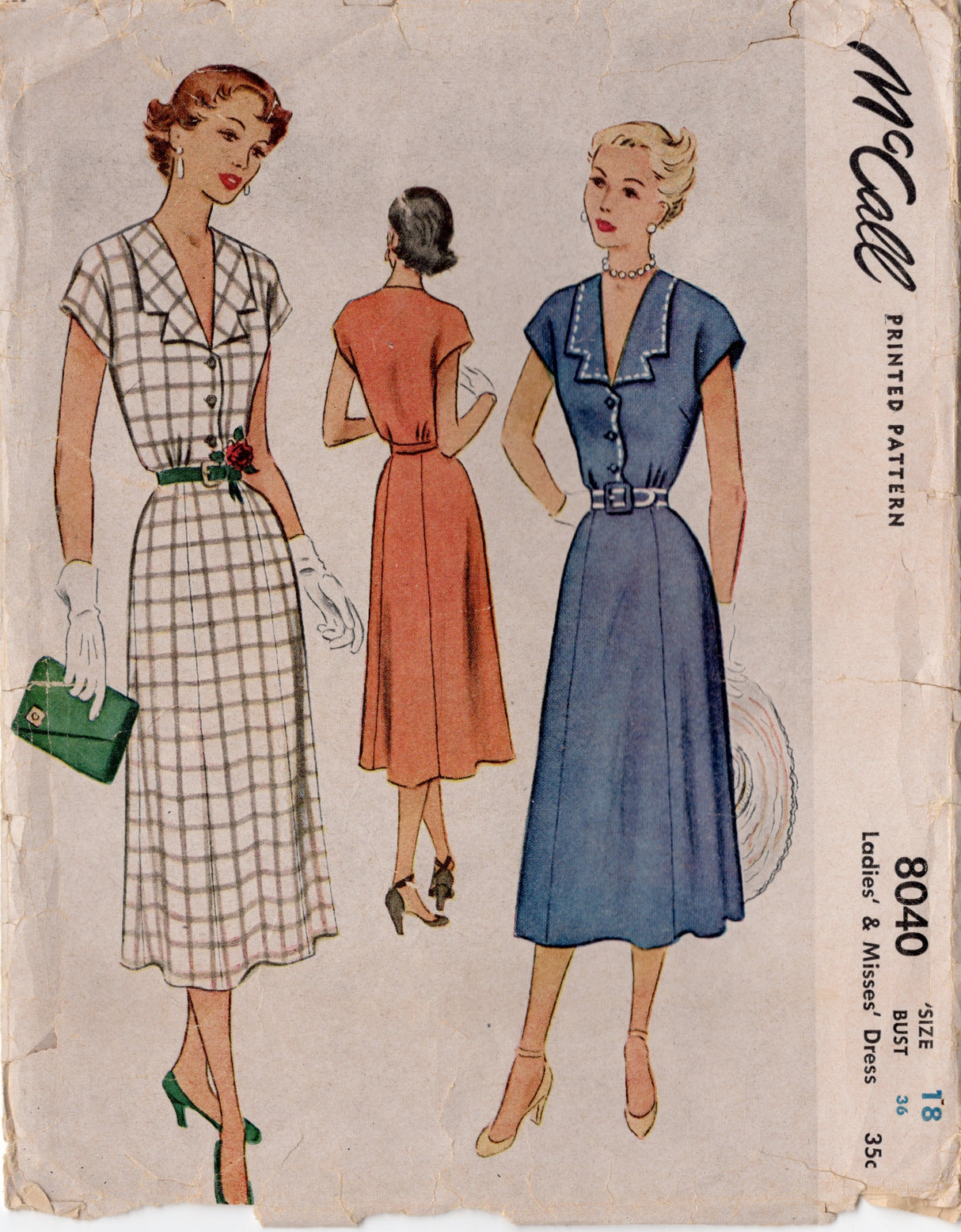 1950's McCall Shirtwaist Dress Pattern with Detailed Collar - Bust 36" - No. 8040
