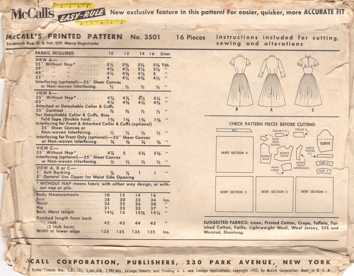 1950's McCall's Shirtwaist Dress with Fitted Midriff and Full Skirt - Bust 32" - No. 3501