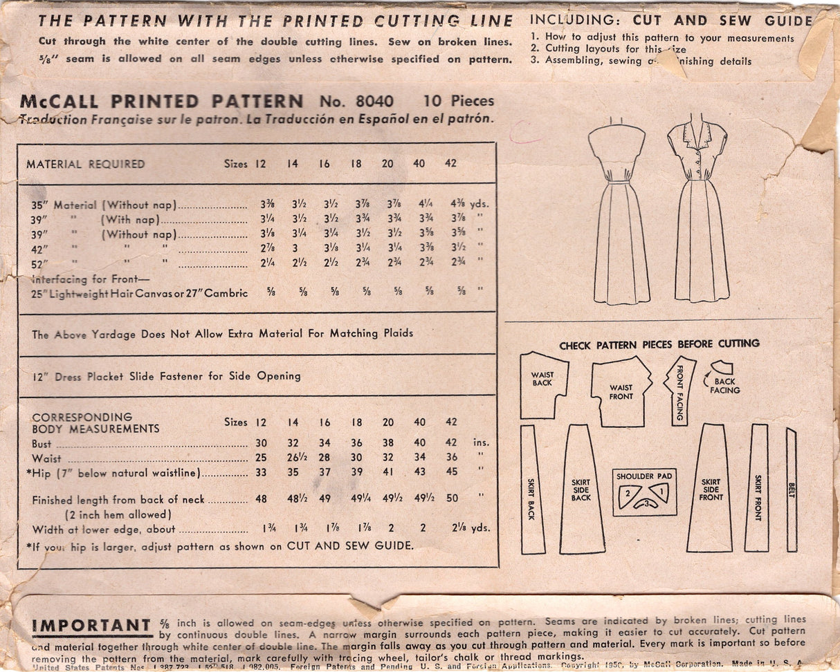 1950's McCall Shirtwaist Dress Pattern with Detailed Collar - Bust 36" - No. 8040