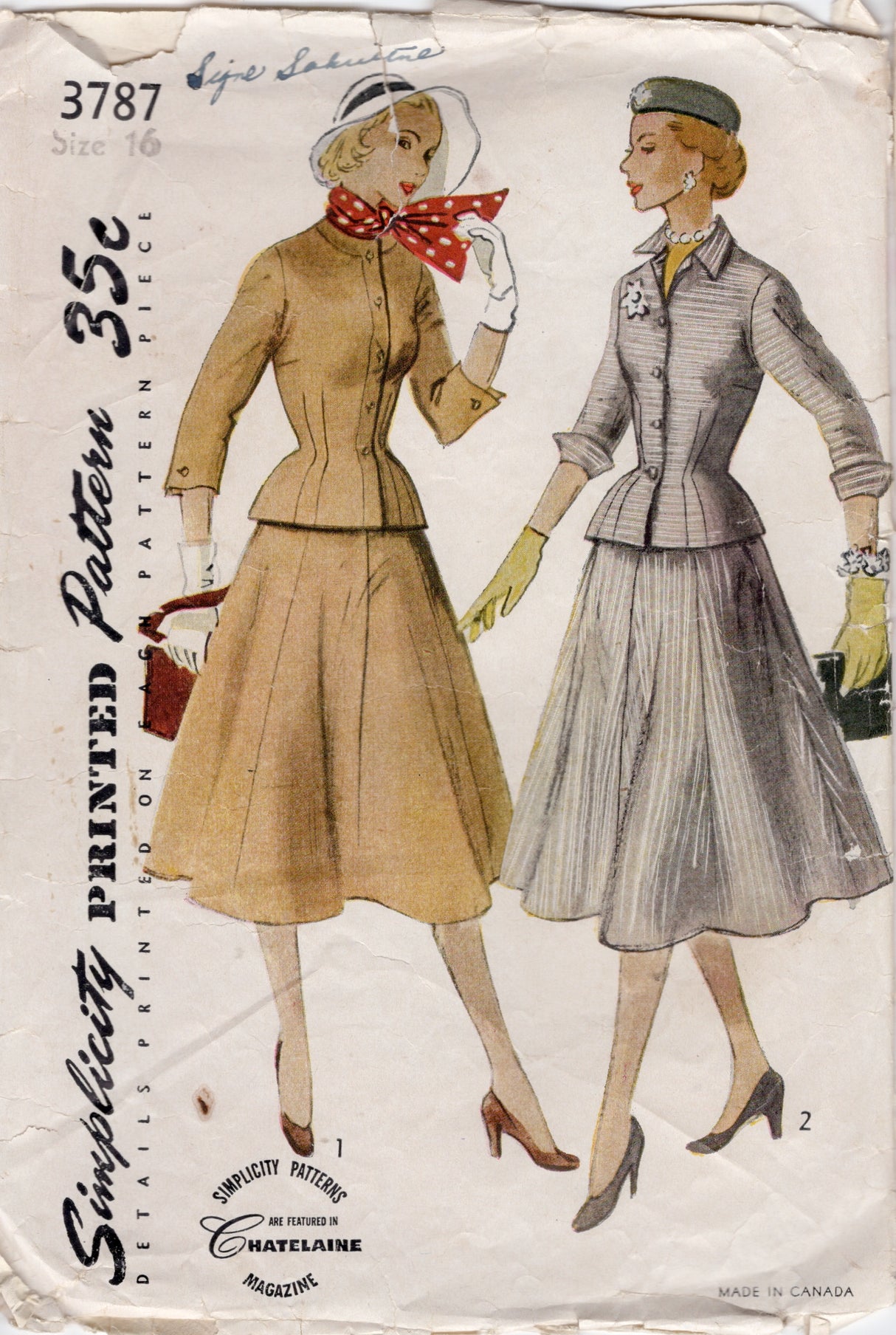 1950's Simplicity Two Piece Suit Dress pattern - Bust 34" - No. 3787