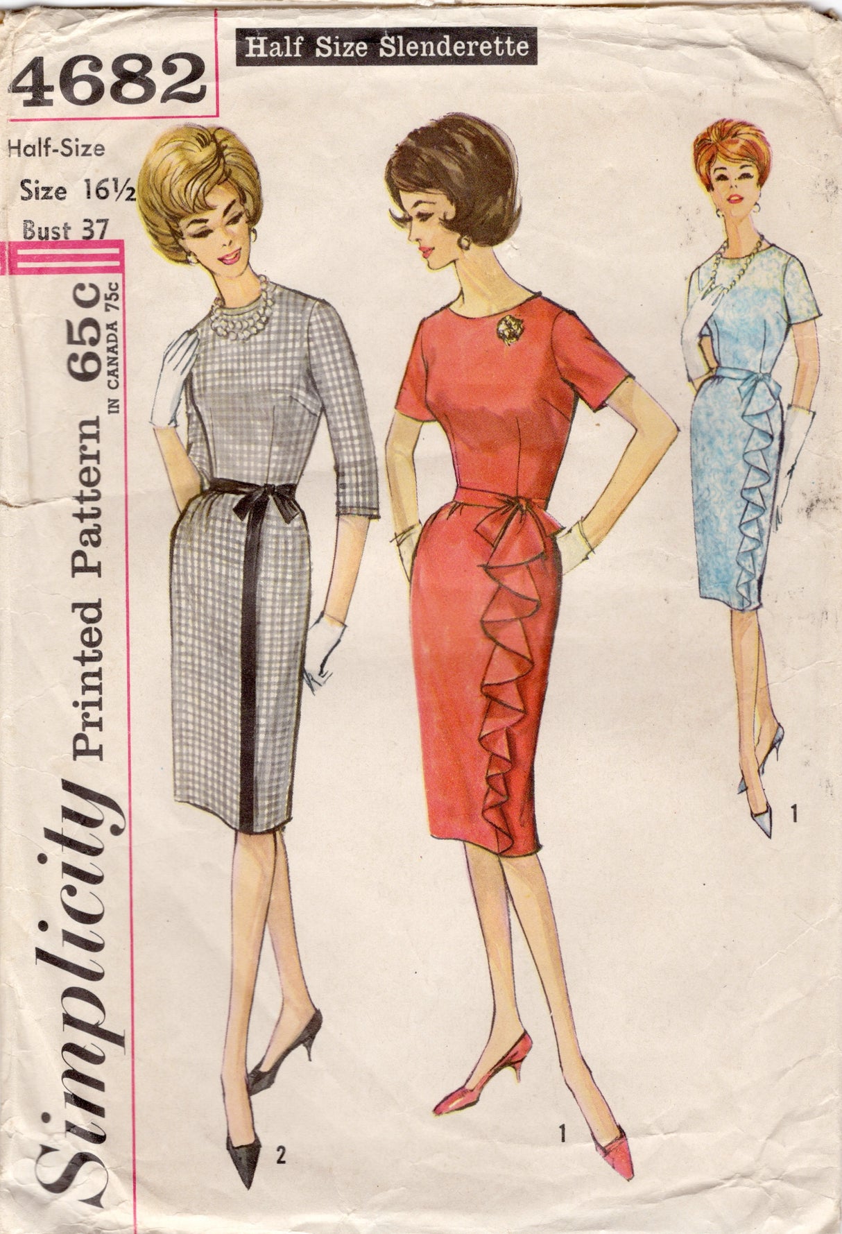 1960's Simplicity One Piece Dress pattern with Skirt Ruffle Detail - Bust 37" - No. 4682
