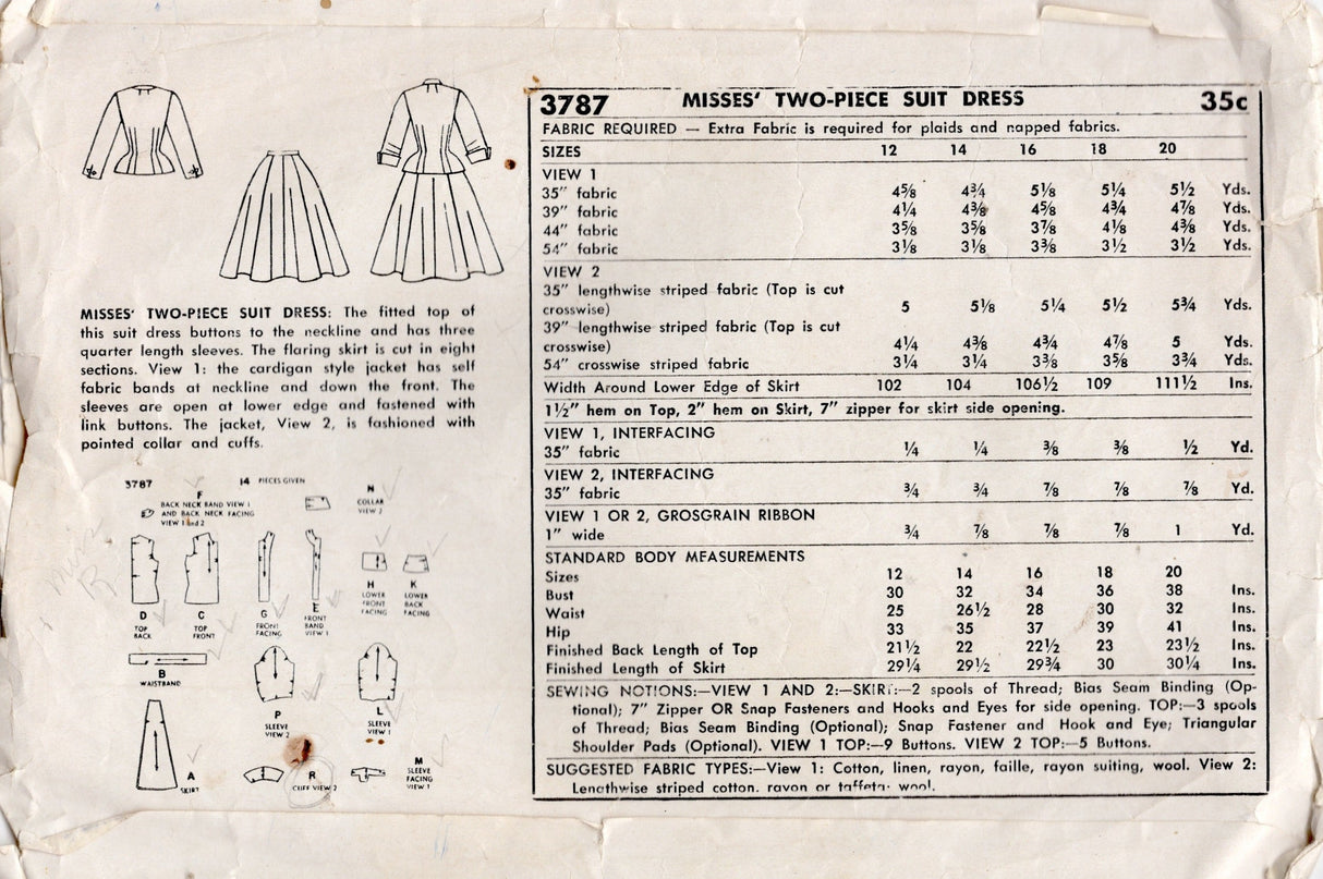 1950's Simplicity Two Piece Suit Dress pattern - Bust 34" - No. 3787