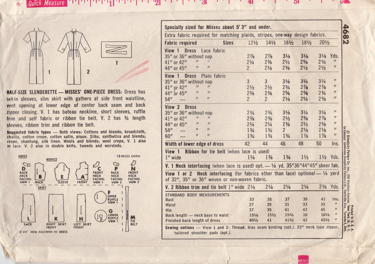 1960's Simplicity One Piece Dress pattern with Skirt Ruffle Detail - Bust 37" - No. 4682