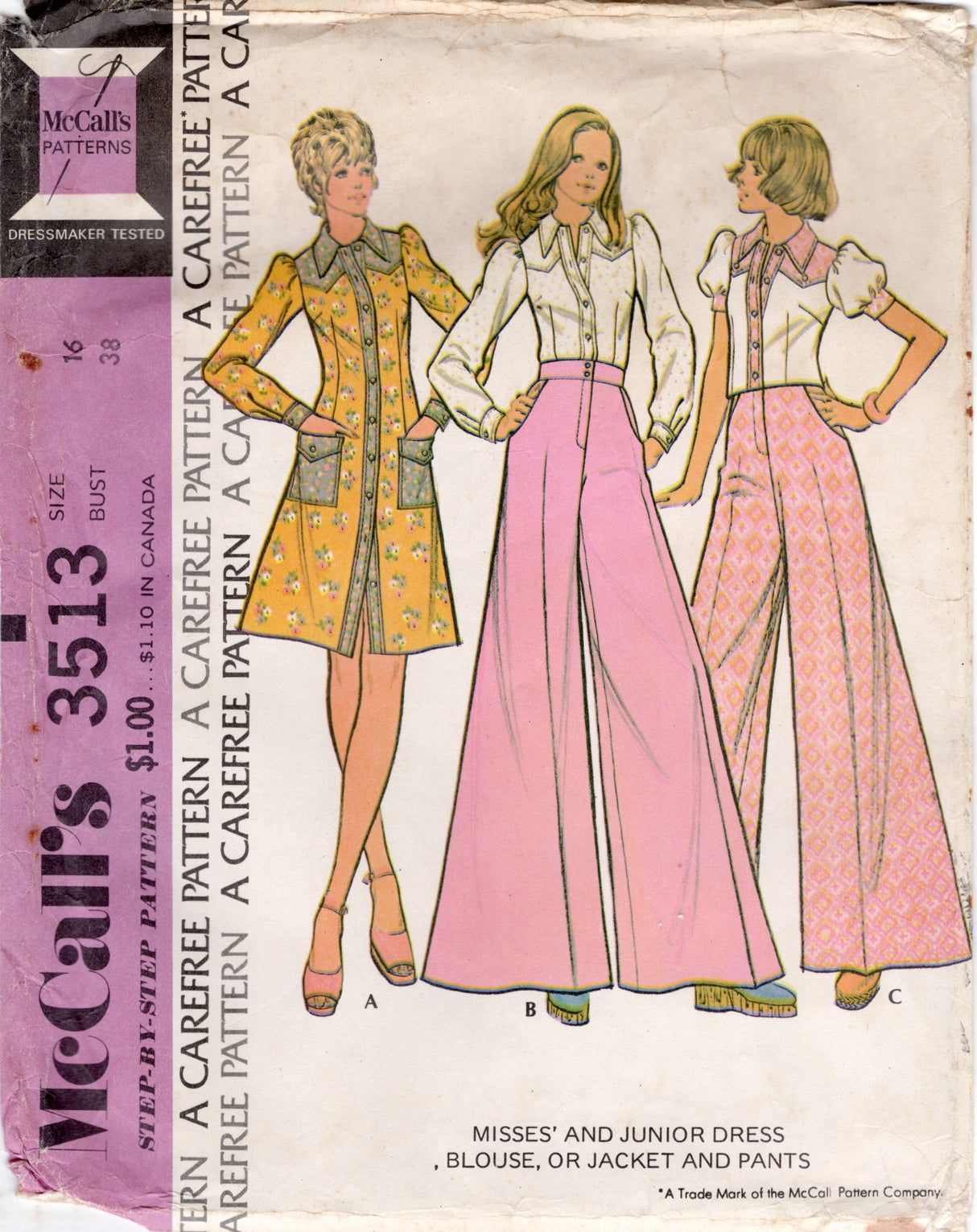 1970's McCall's Button Up Yoked Dress, Blouse, or Jacket and Wide Leg Pants pattern - Bust 38" - No. 3513