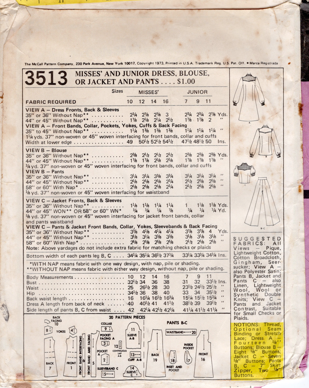 1970's McCall's Button Up Yoked Dress, Blouse, or Jacket and Wide Leg Pants pattern - Bust 38" - No. 3513