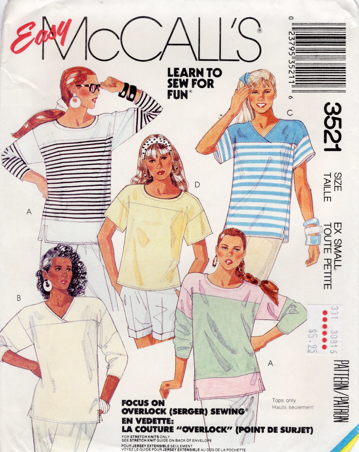 1980's McCall's Tops Pattern - Bust 30.5-31.5" - No. 3521