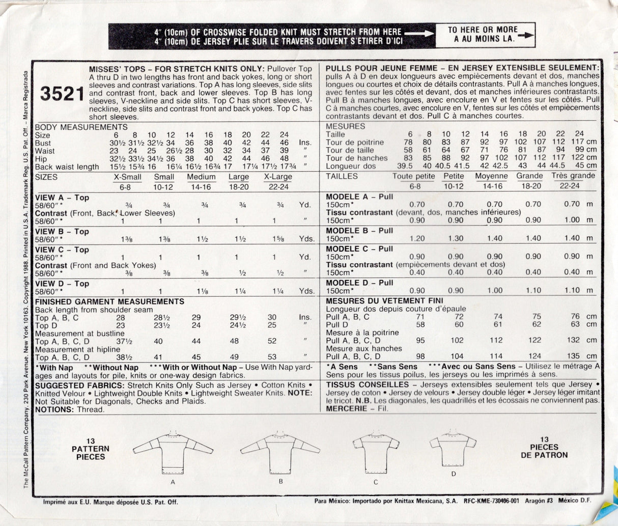 1980's McCall's Tops Pattern - Bust 30.5-31.5" - No. 3521