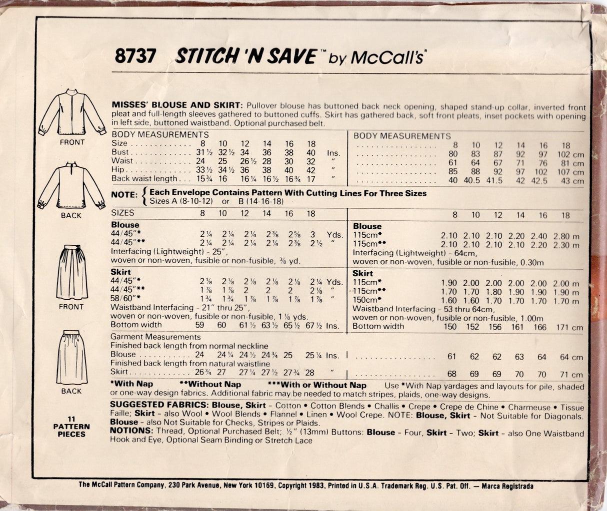 1980's McCall's Stitch and Save Blouse and Skirt Pattern- Bust 31.5-34" - No. 8737