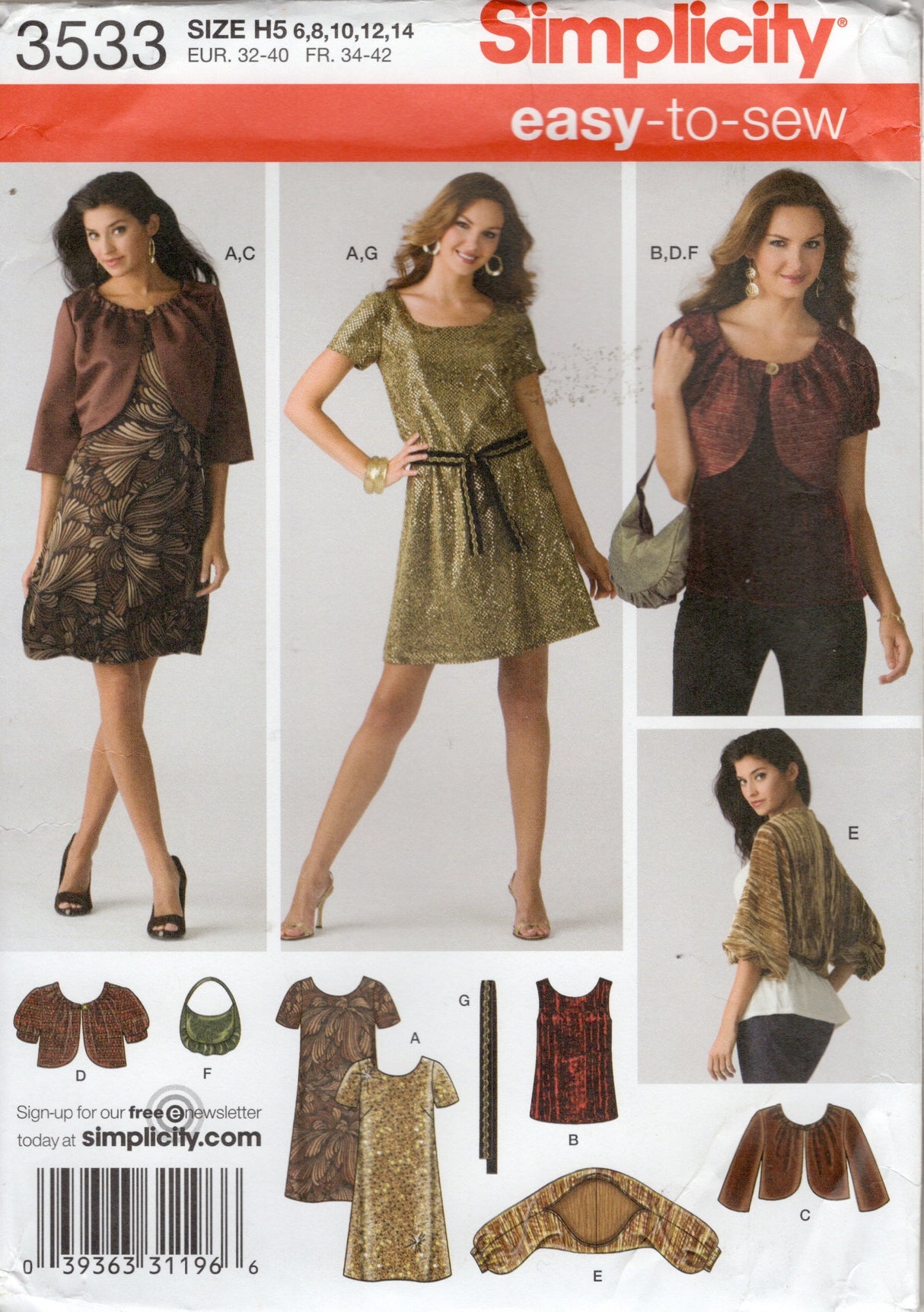 2000's Simplicity Top or Dress, Jacket in Two Lengths, Shrug, Belt and Bag Pattern - Bust 30.5-36" - No. 3533