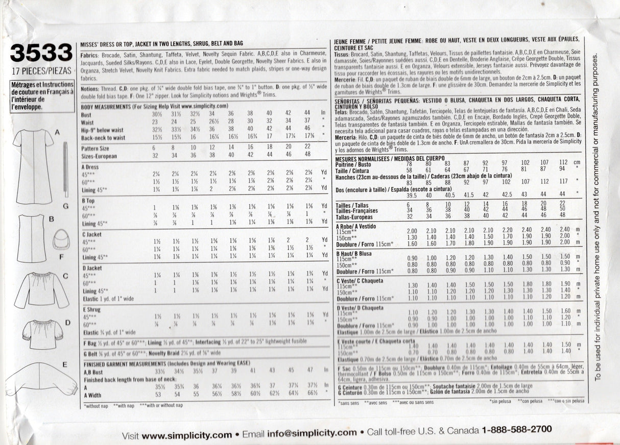 2000's Simplicity Top or Dress, Jacket in Two Lengths, Shrug, Belt and Bag Pattern - Bust 30.5-36" - No. 3533