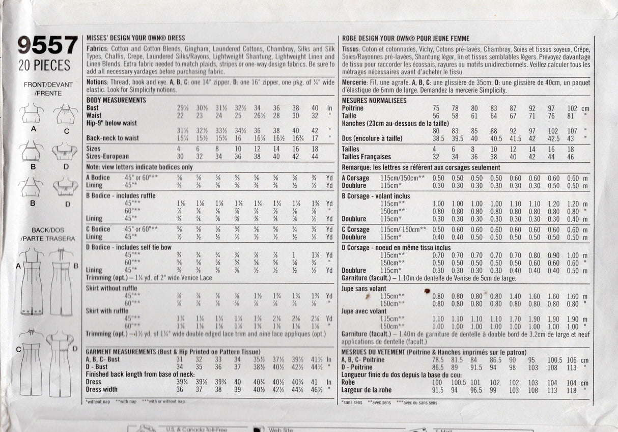 2000's Simplicity Square or Halter Neckline Dress Pattern - Bust 29.5-32.5" - No. 9557