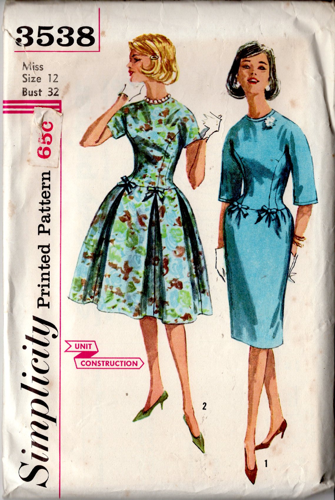 1960's Simplicity One Piece Dress with Drop Waist and Two Skirt Styles - Bust 32" - No. 3538