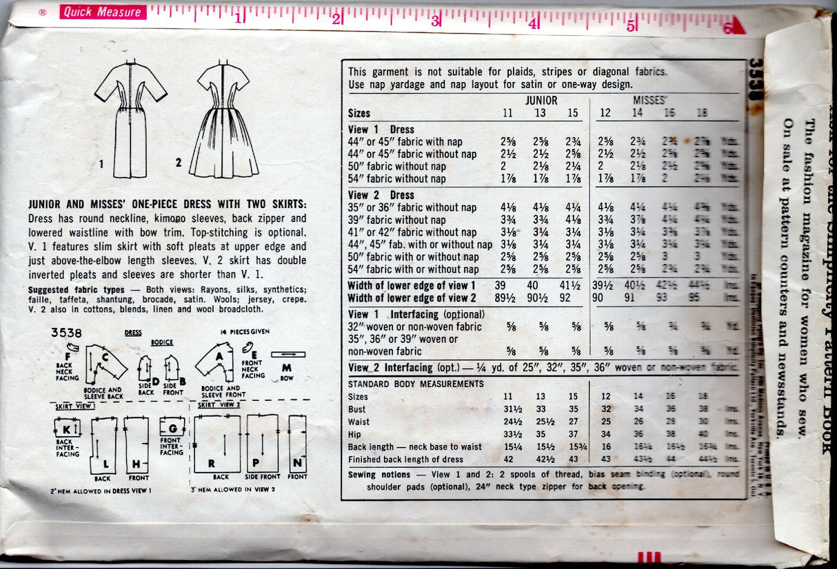 1960's Simplicity One Piece Dress with Drop Waist and Two Skirt Styles - Bust 32" - No. 3538