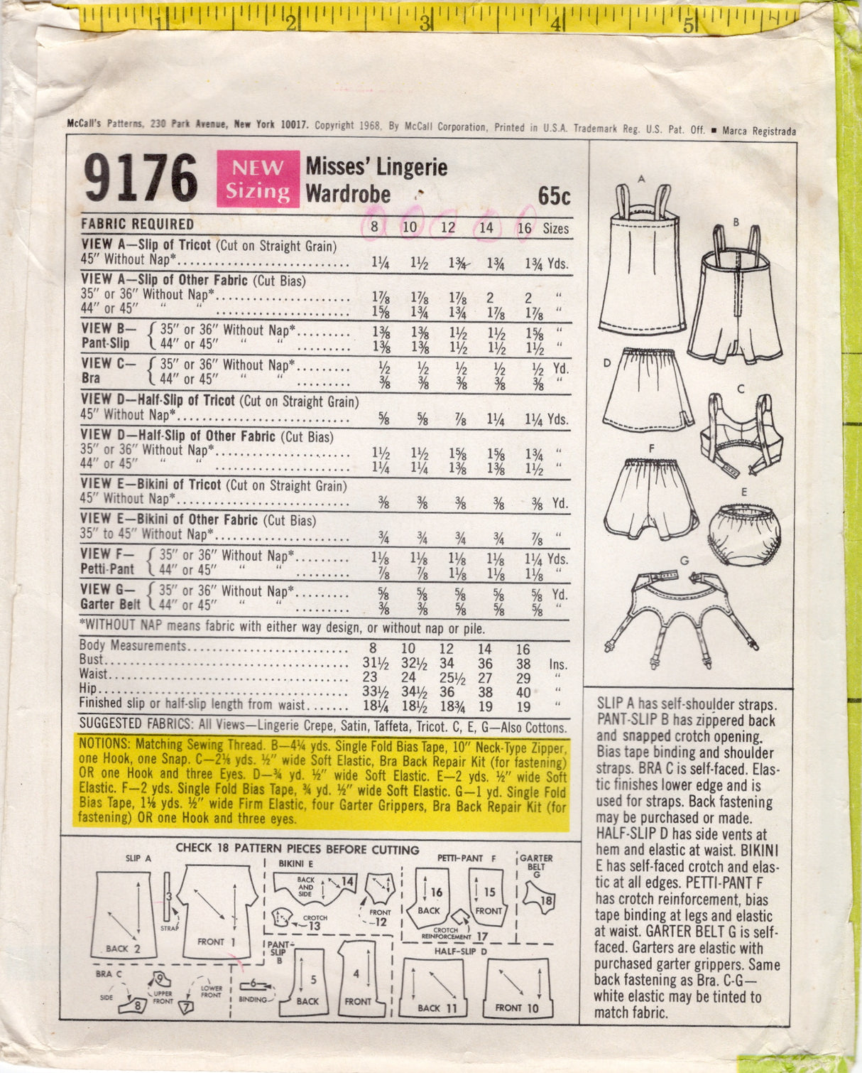 1960's McCall's Lingerie Wardrobe (Slip, Panties, Bra, Half-Slip, Bikini, Petti-Pant, Garter Belt) Pattern - Bust 31.5" - No. 9176