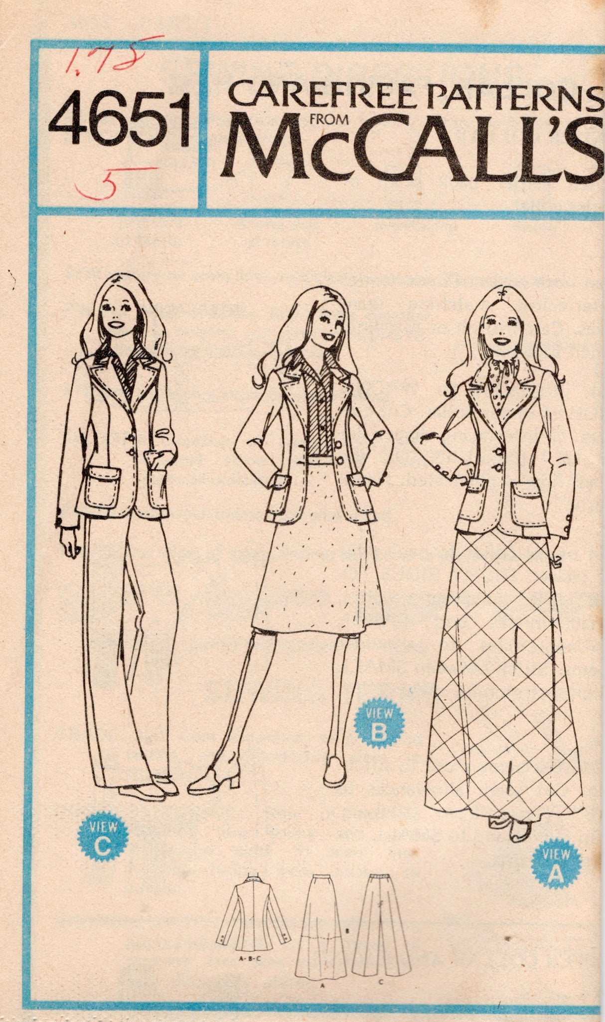 1970's McCall's Marlo's Corner Unlined Jacket, Pants and Skirt in Two Lengths Pattern - Bust 31-36" - no. 4651