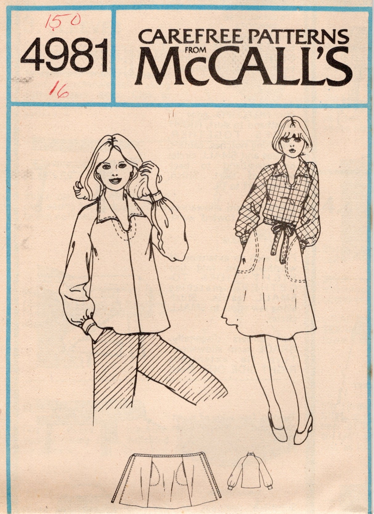 1970's McCall's Pullover Blouse Pattern and Wrap Skirt Pattern - Bust 32.5-38" - no. 4981