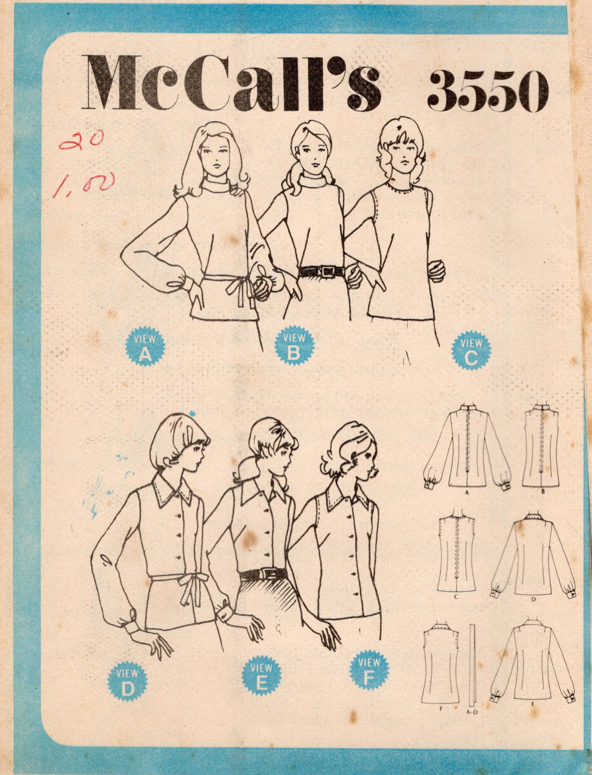 1970's McCall's Button Up Blouse Pattern with Rolled Collar - Bust 31.5-42" - no. 3550