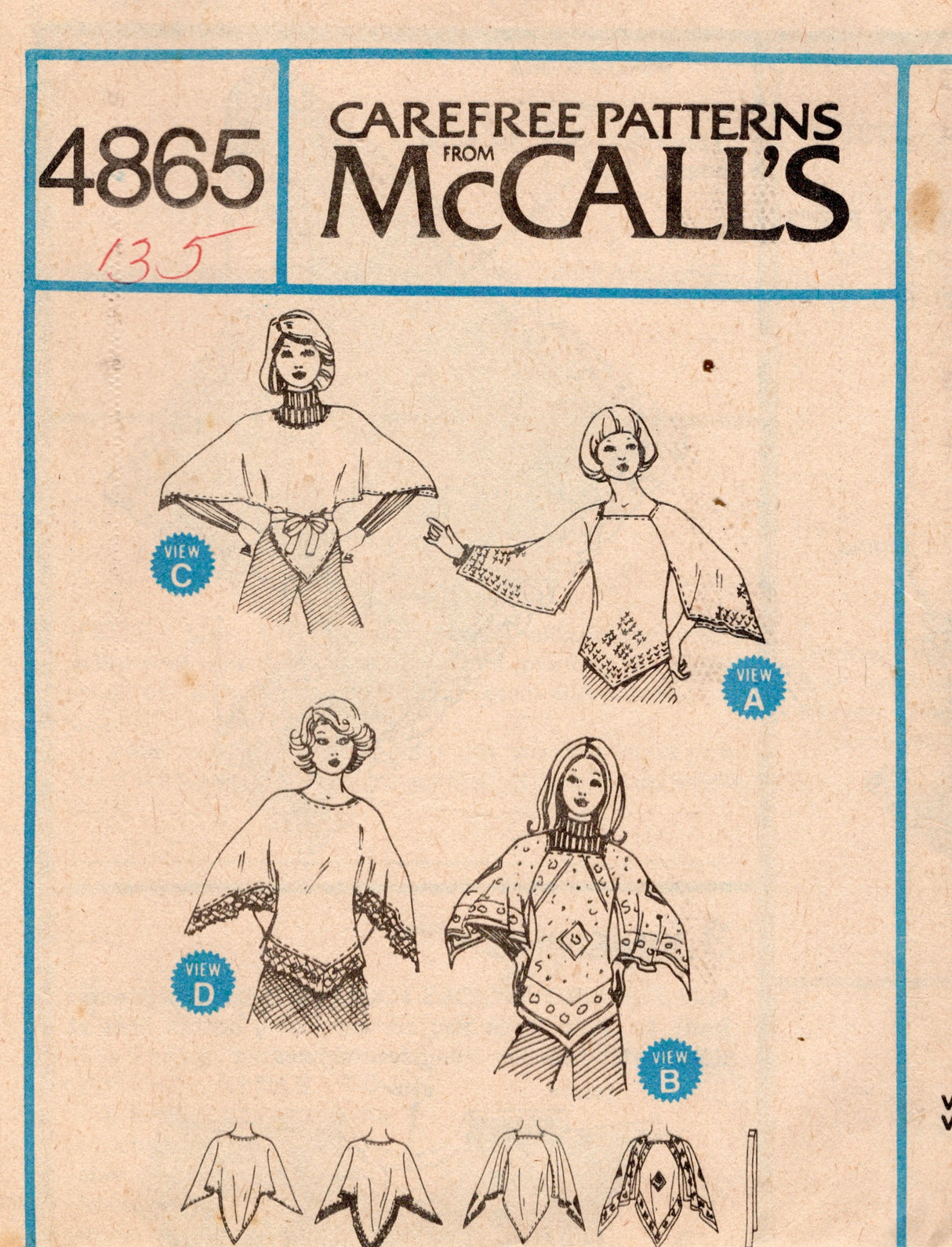 1970's McCall's Set of Poncho Tops - Bust 32.5-42" - No. 4865