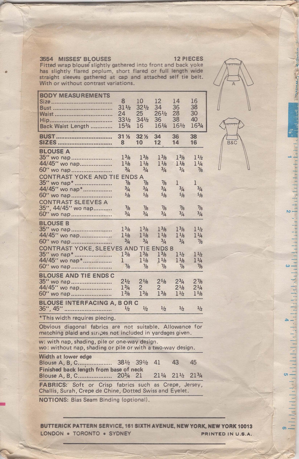 1970's Butterick Wrap Top Pattern - Bust 34" - No. 3554