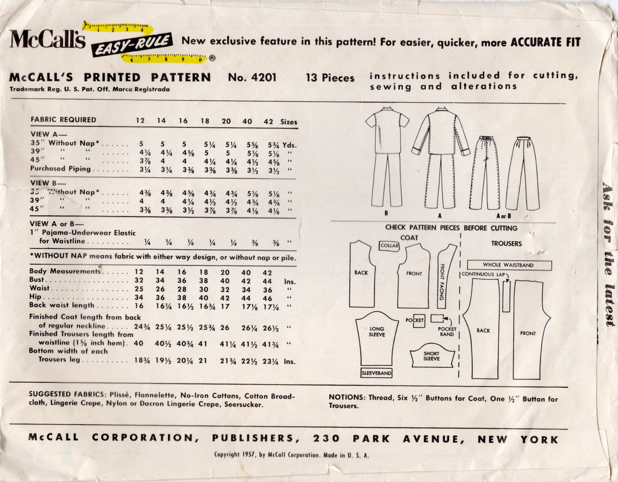 1950's McCall's Two-Piece Pajama Pattern – Bust 32" - No. 4201