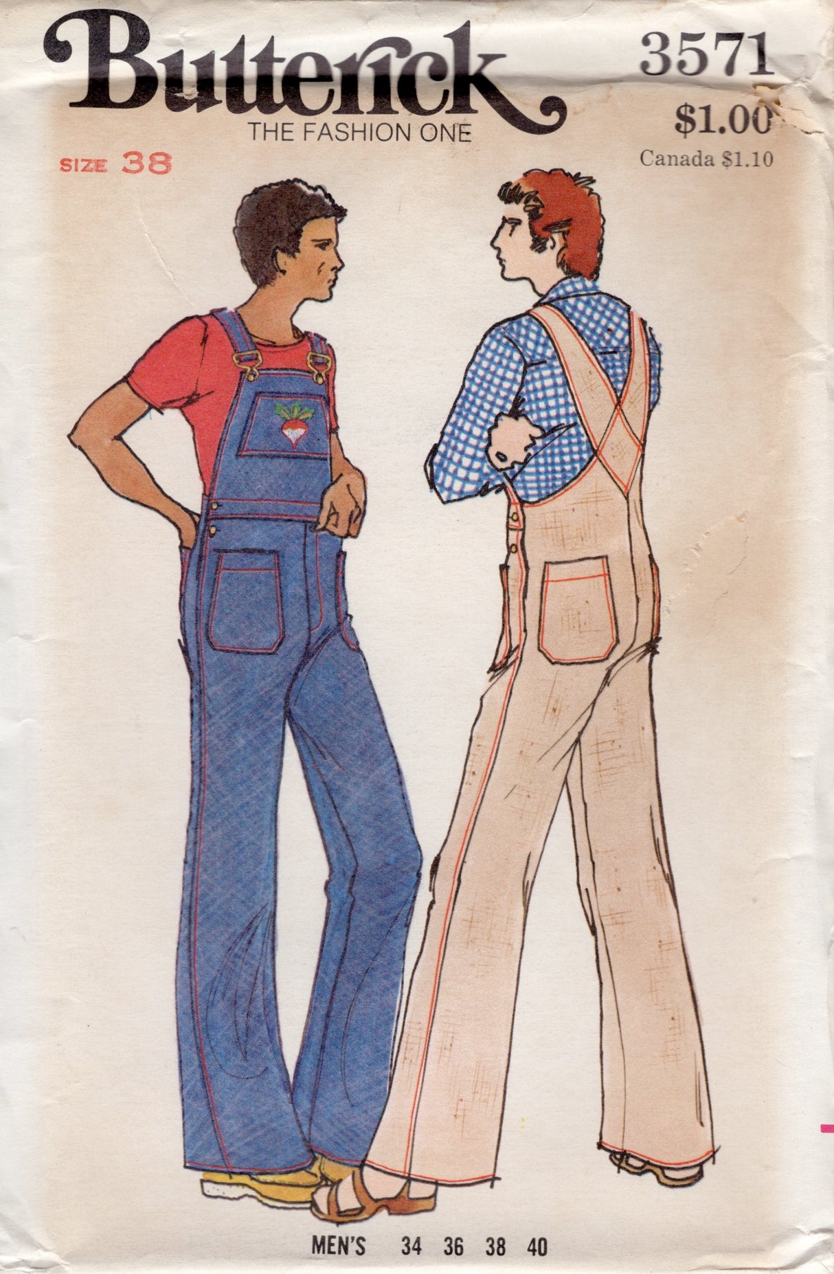 1970's Butterick Men's Overalls pattern and transfer- Chest 38" - No. 3571
