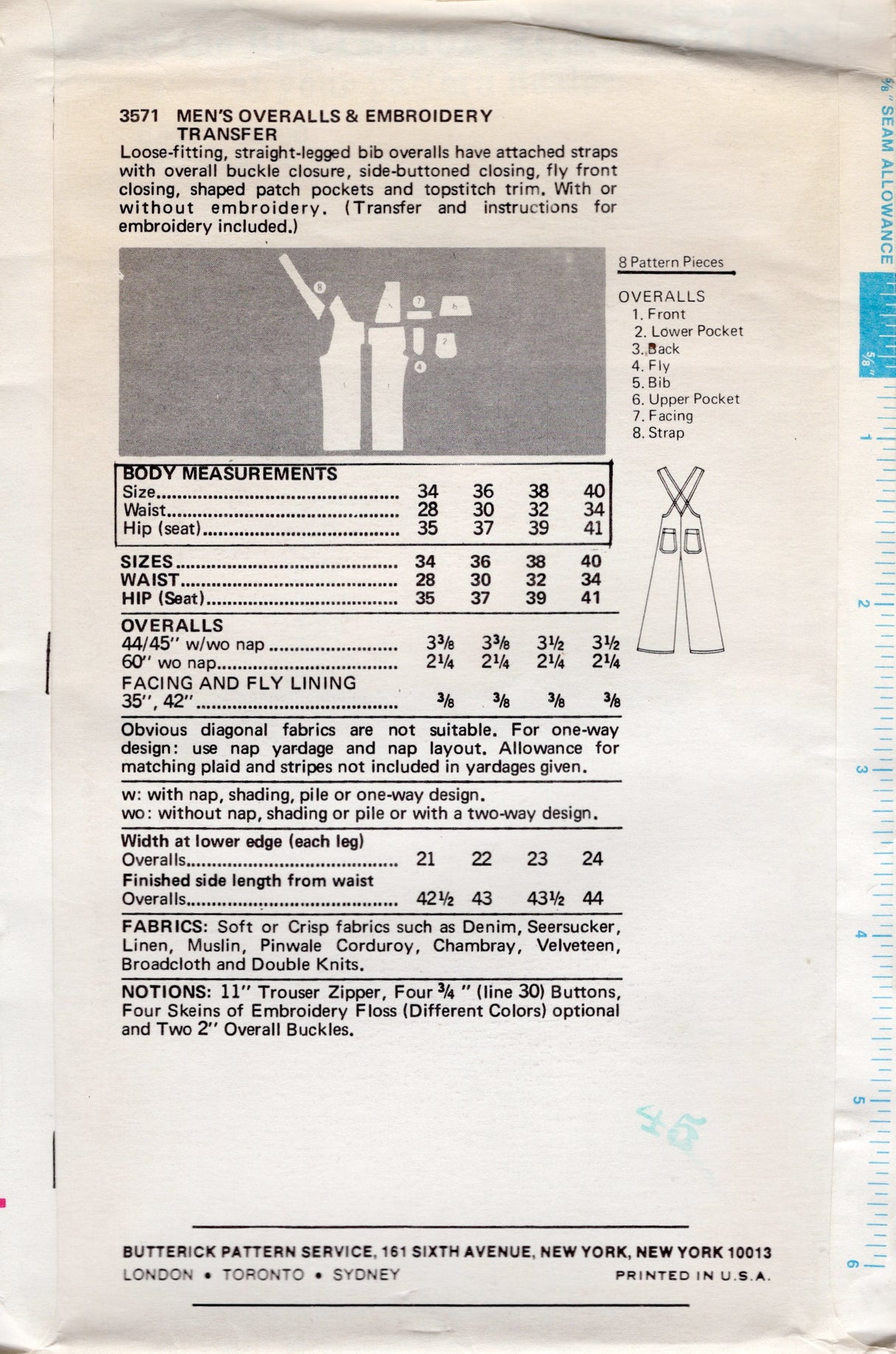 1970's Butterick Men's Overalls pattern and transfer- Chest 38" - No. 3571