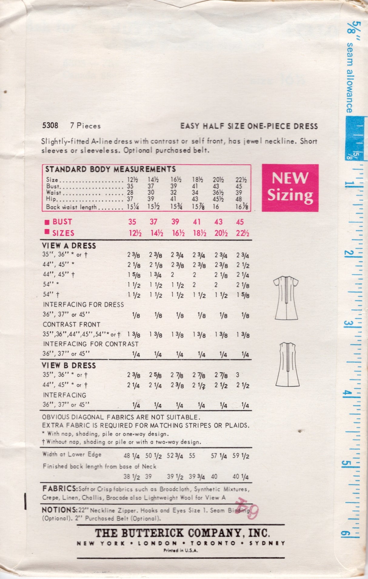 1960's Butterick Princess Line Dress Pattern with or without sleeves - Bust 39" - No. 5308