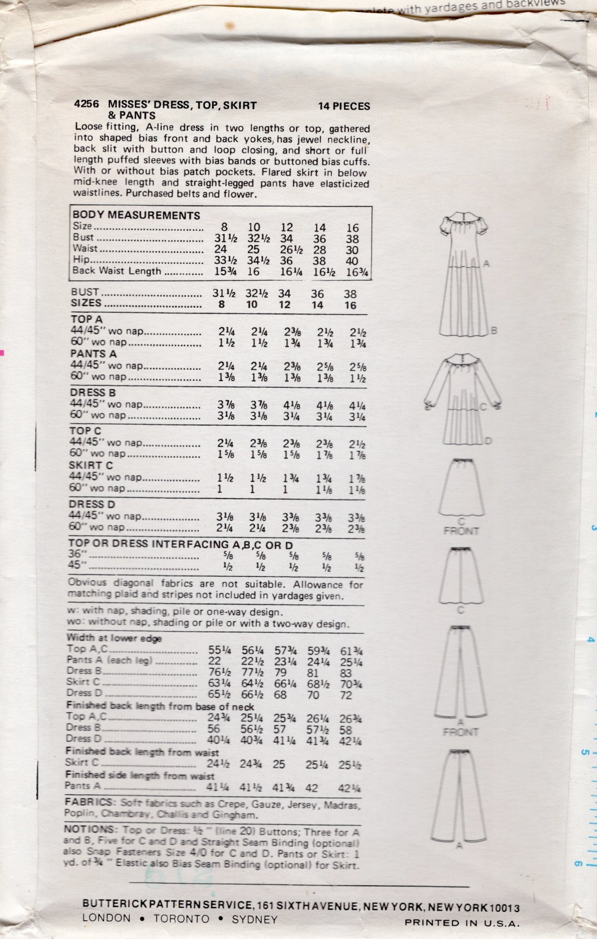 1970's Butterick Yoked Dress or Blouse, Skirt and Pants Pattern - Bust 38" - No. 4256