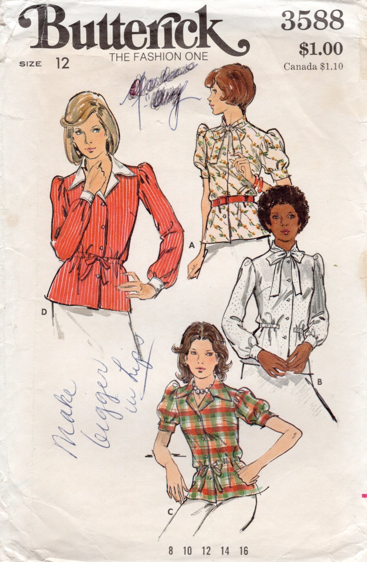 1970's Butterick Blouse pattern with short or long sleeves - Bust 34" - No. 3588