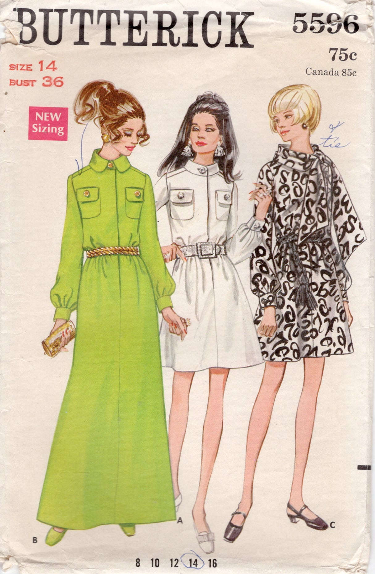 1960's Butterick Shirtwaist Dress pattern in two lengths - Bust 36" - No. 5596