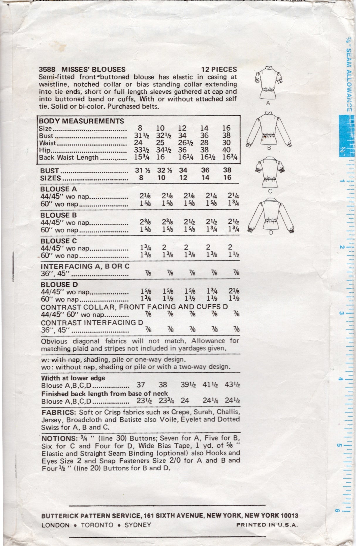 1970's Butterick Blouse pattern with short or long sleeves - Bust 34" - No. 3588