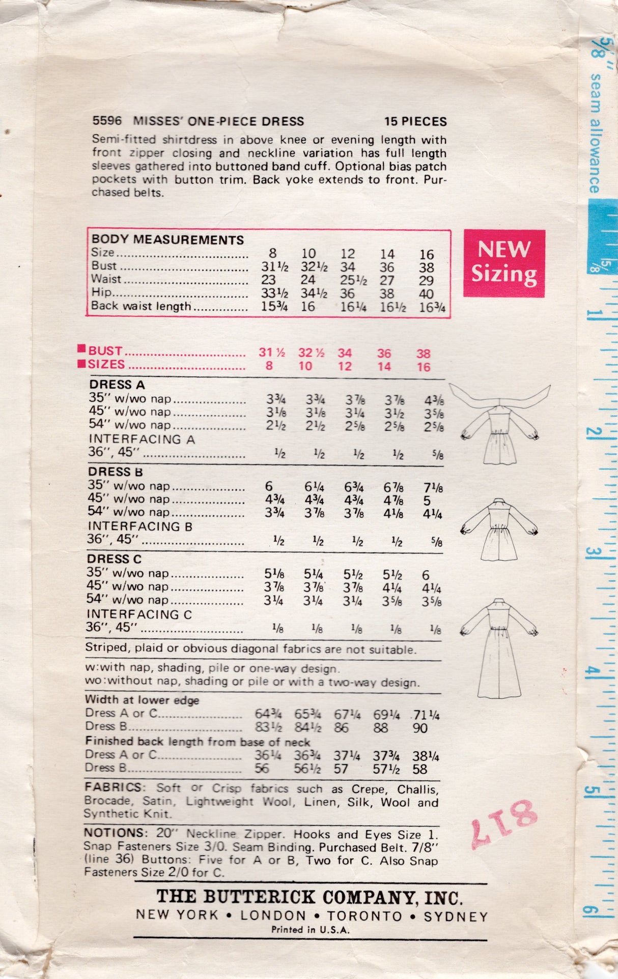 1960's Butterick Shirtwaist Dress pattern in two lengths - Bust 36" - No. 5596