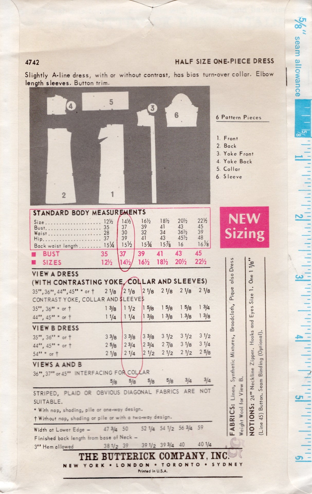 1960's Butterick A-line dress - Bust 37" - No. 4742