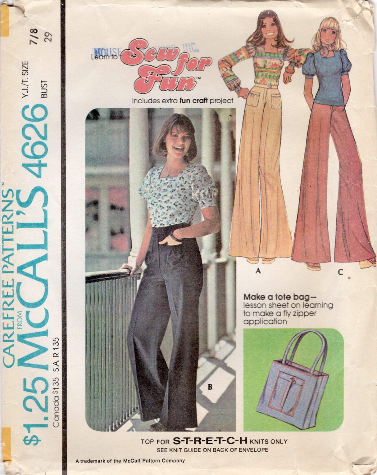 1970's McCall’s Wide Leg Pants, Square Neckline Top and Tote bag Pattern - Bust 29"- No. 4626