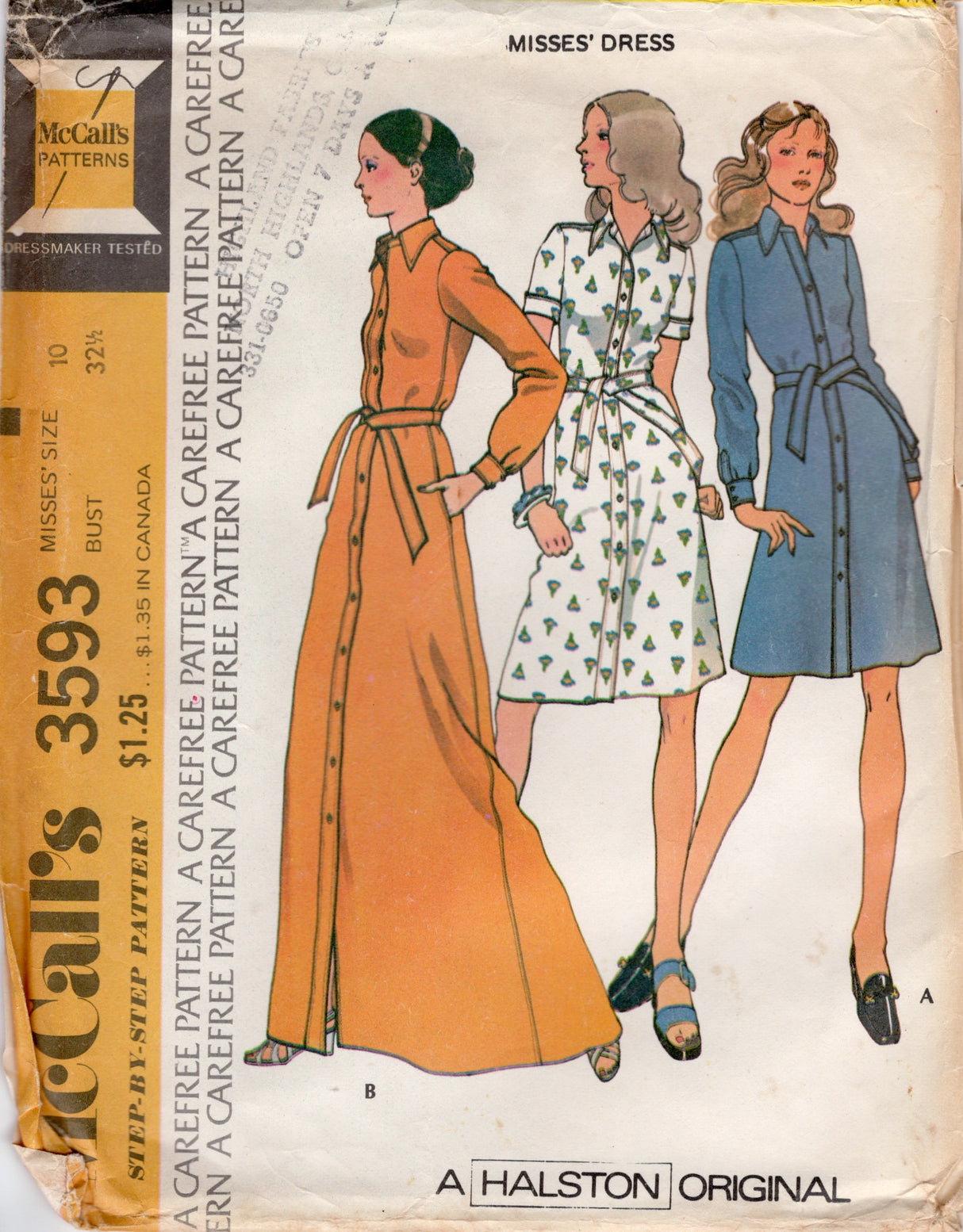 1970's McCall’s HALSTON Button Up Dress Pattern - Bust 32.5" - No. 3593
