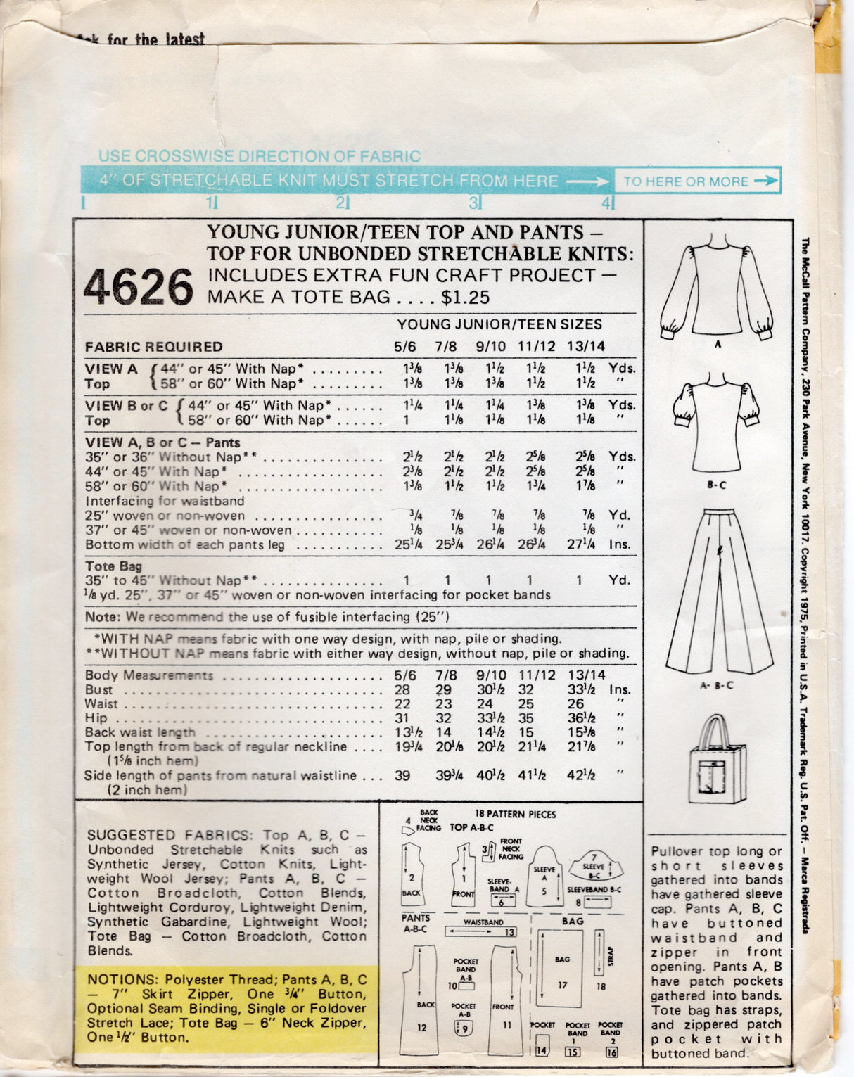 1970's McCall’s Wide Leg Pants, Square Neckline Top and Tote bag Pattern - Bust 29"- No. 4626