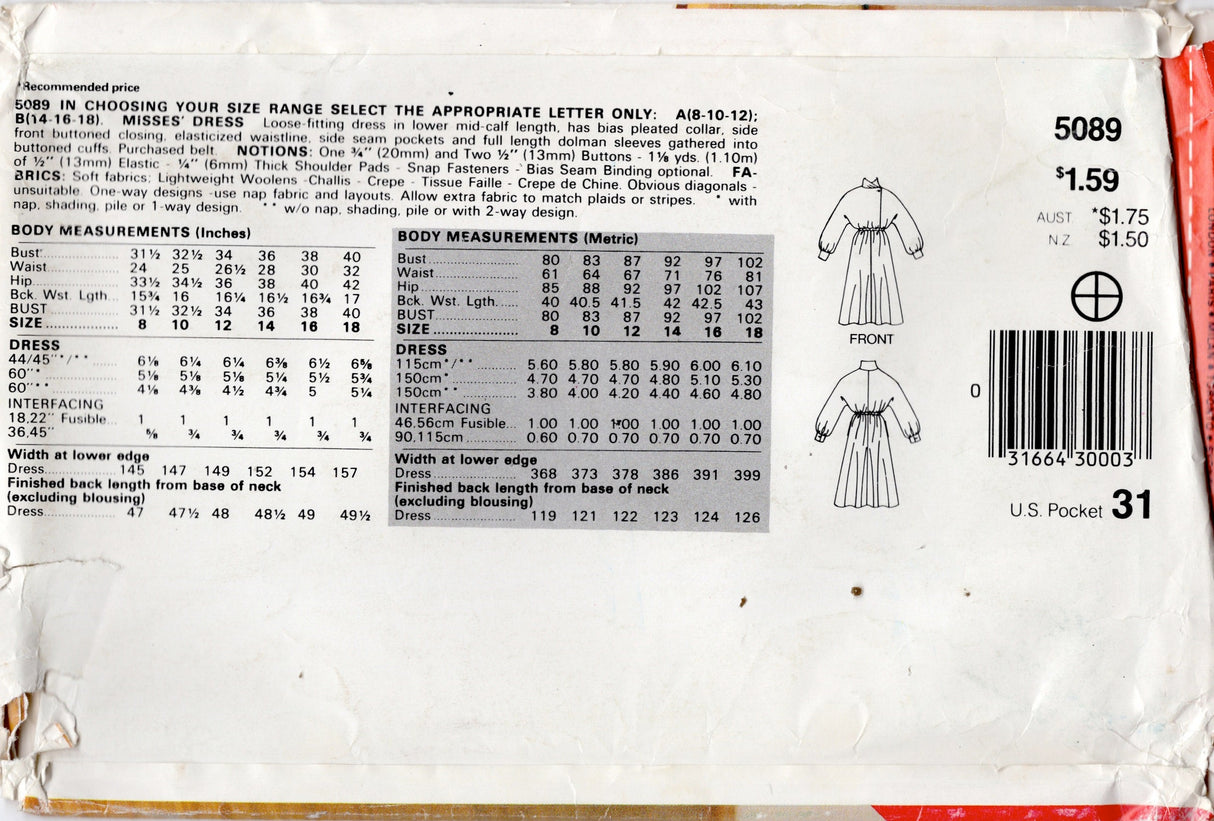1980's See & Sew Crossover Front Dress Pattern - Bust 36-40" - No. 5089