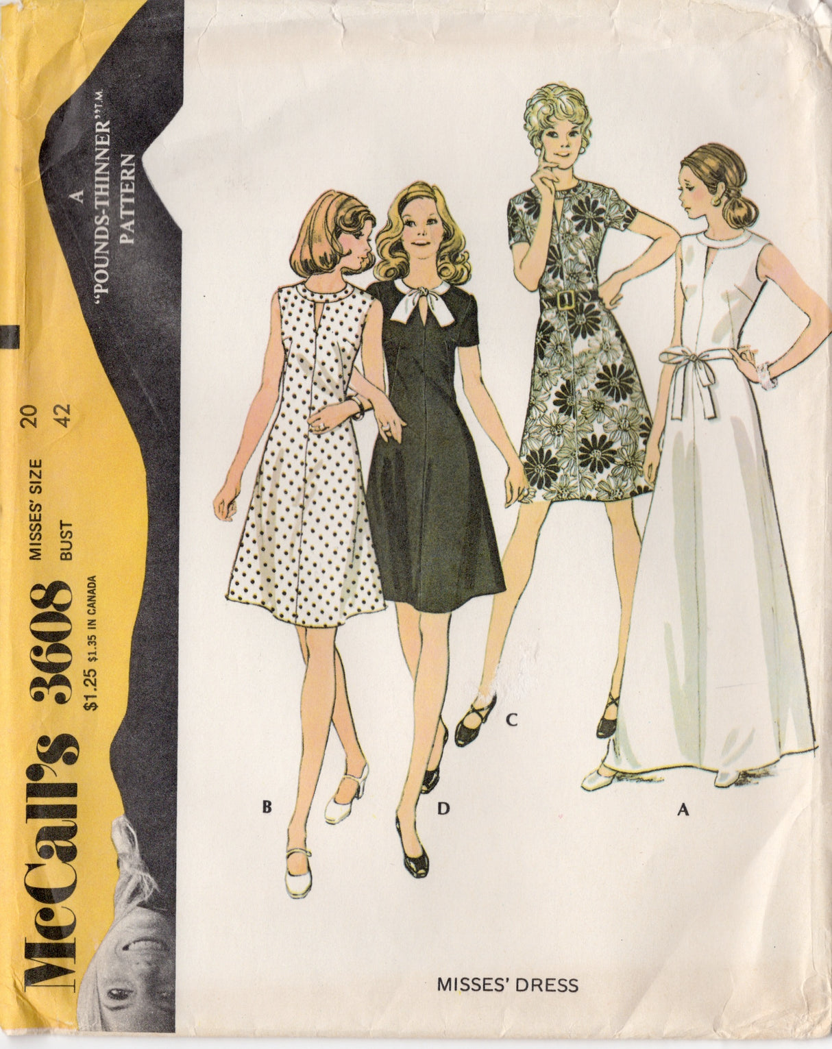 1970's McCall's Midi or Maxi Dress Pattern with Slit Neckline - Bust 42" - No. 3608
