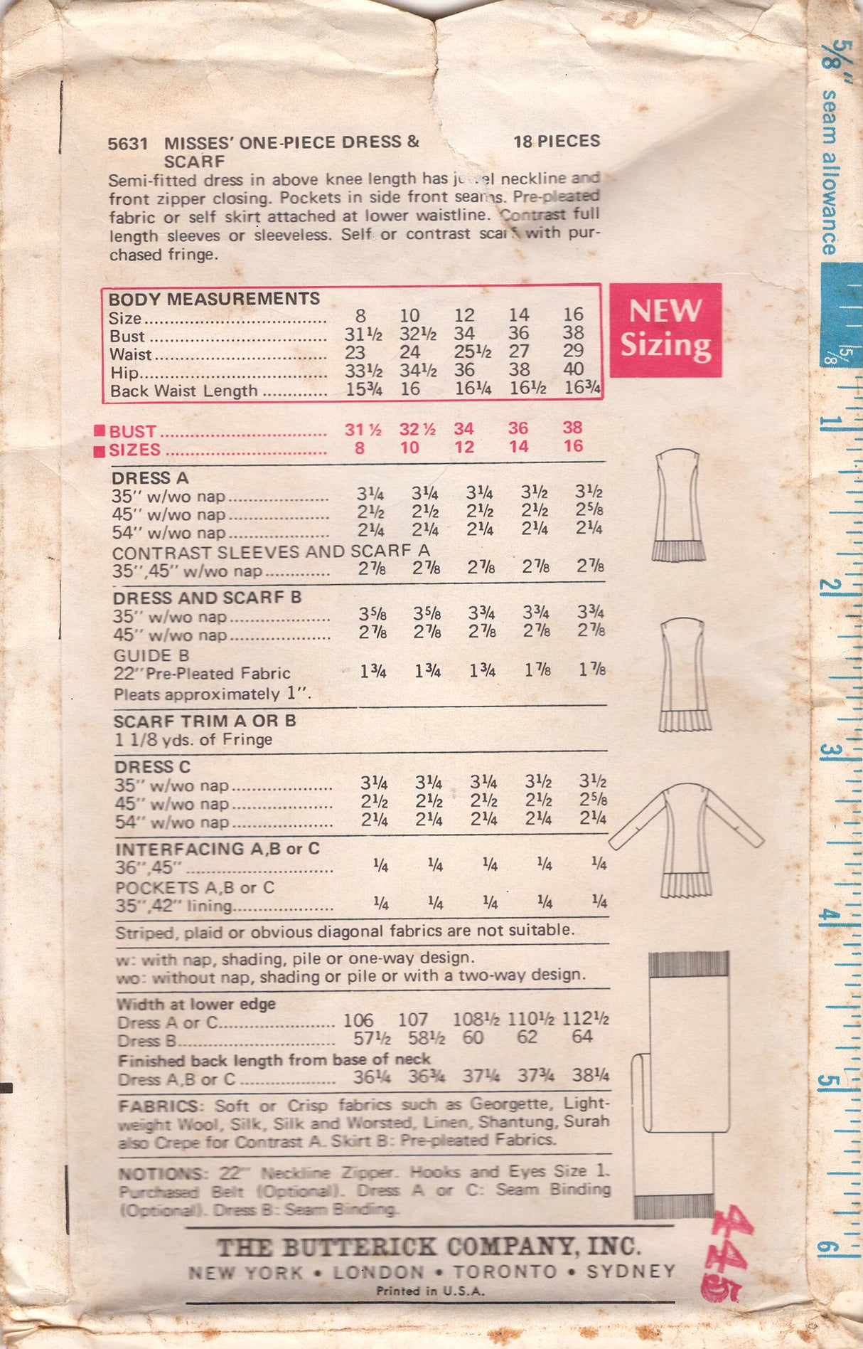 1960's Butterick One Piece Dress Pattern with Pleated Ruffle Bottom and Scarf - Bust 32.5" - No. 5631