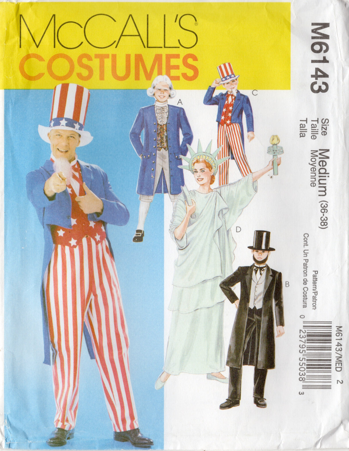 2010's McCall's Statue of Liberty, George Washington, Abraham Lincoln and Uncle Sam Costume Pattern - Chest 36-38" - No. M6143