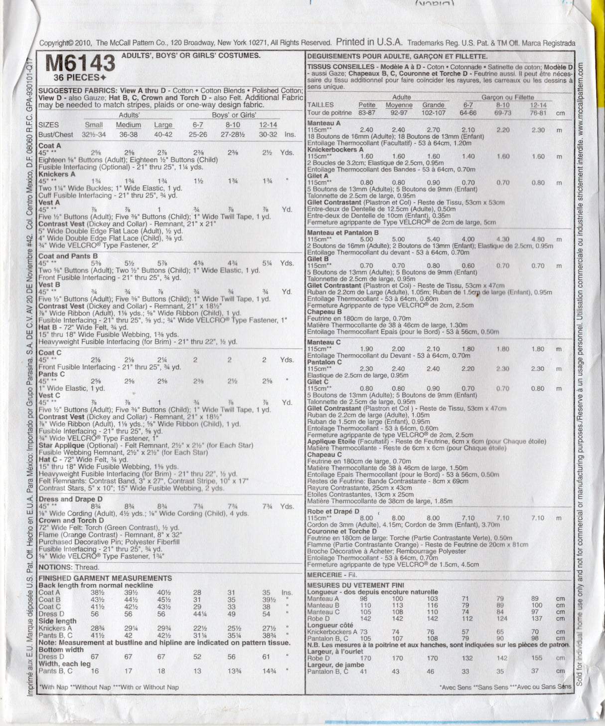 2010's McCall's Statue of Liberty, George Washington, Abraham Lincoln and Uncle Sam Costume Pattern - Chest 36-38" - No. M6143