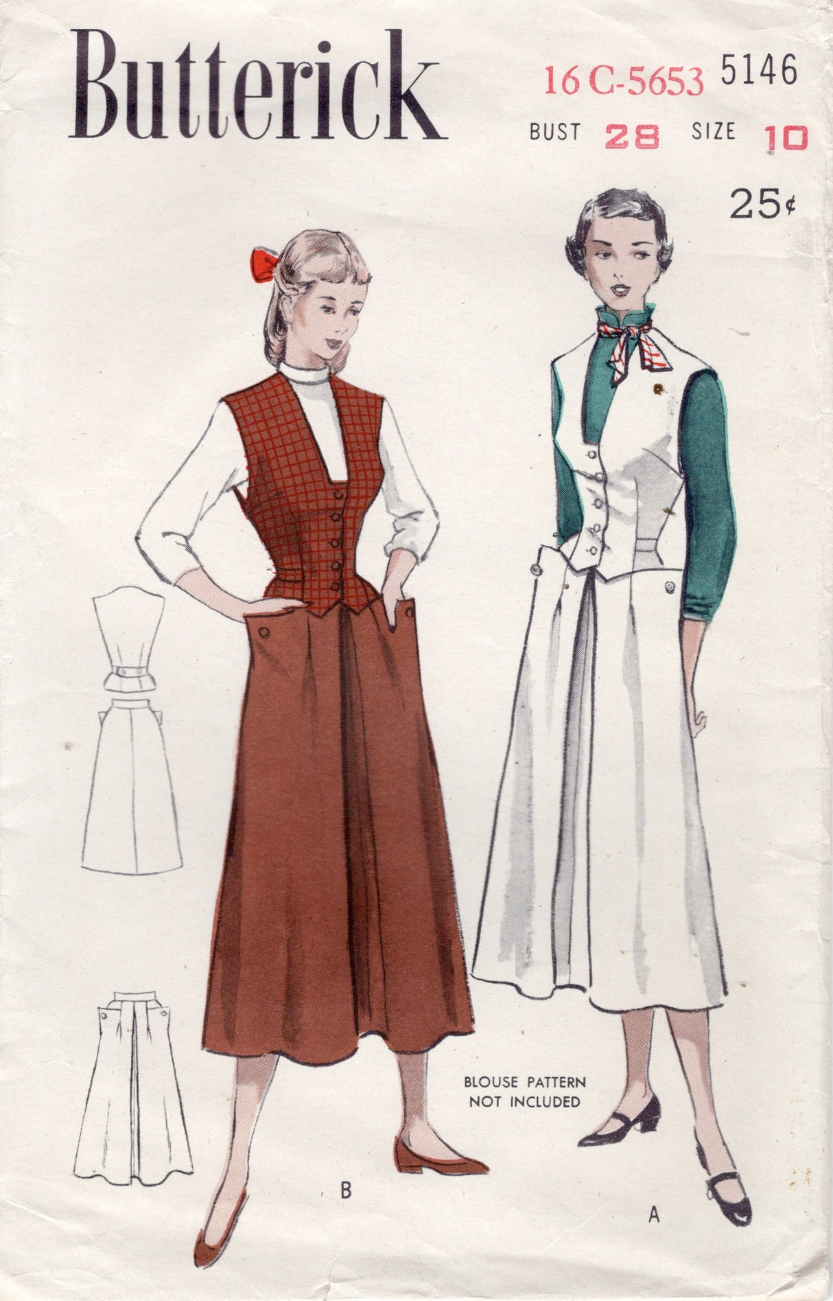 1950’s Butterick Weskit and Skirt with Pockets Pattern - Bust 28" - No. 5146