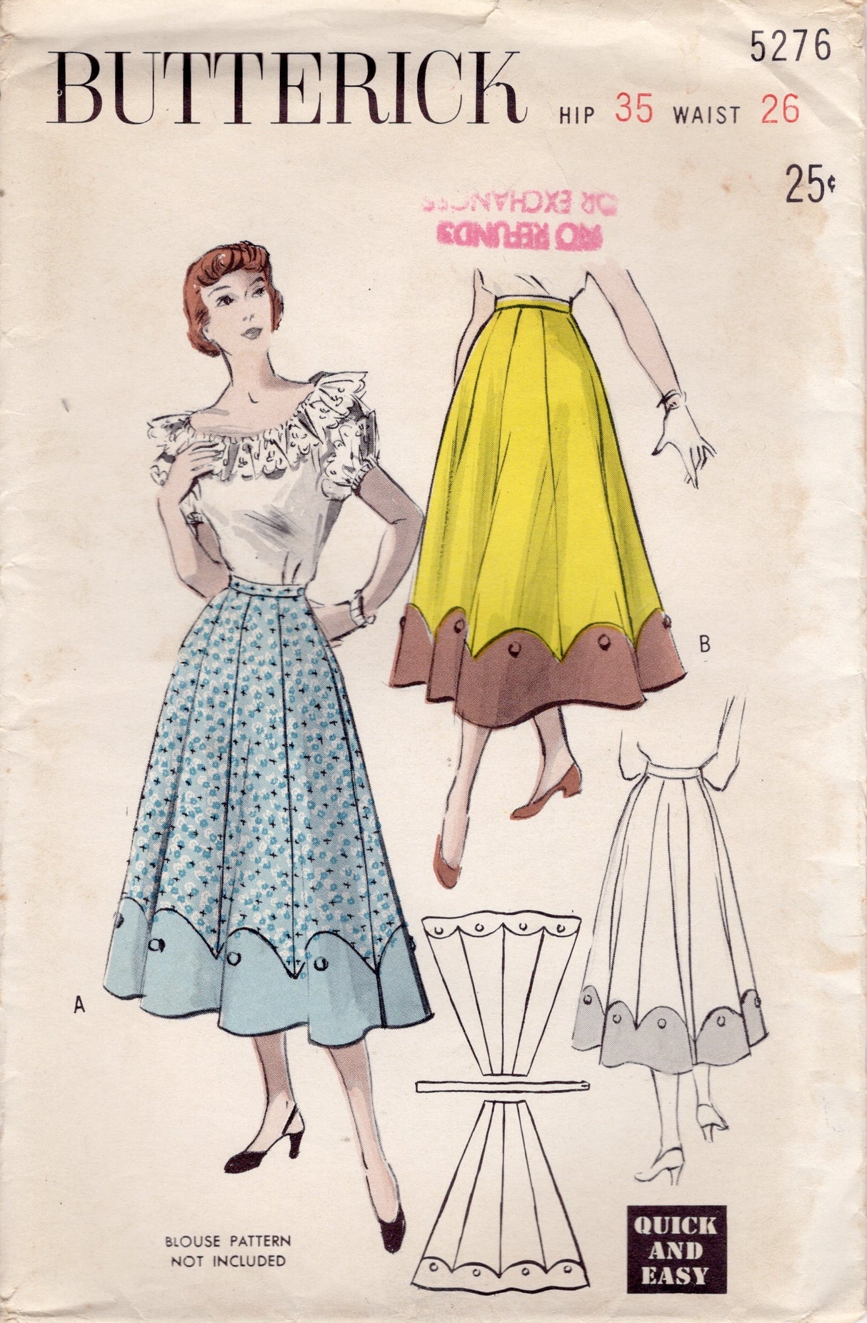 1950's Butterick Scallop edge Gored Skirt Pattern - Waist 26" - No. 5276