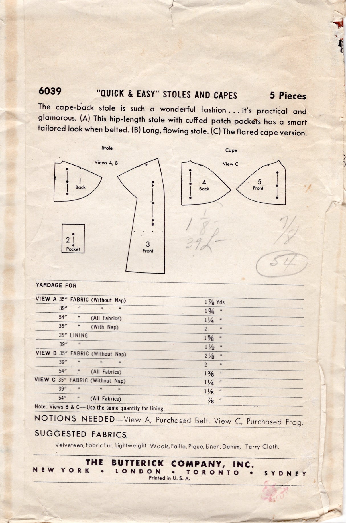 1950's Butterick Stole and Capelet Pattern - One Size - No. 6039