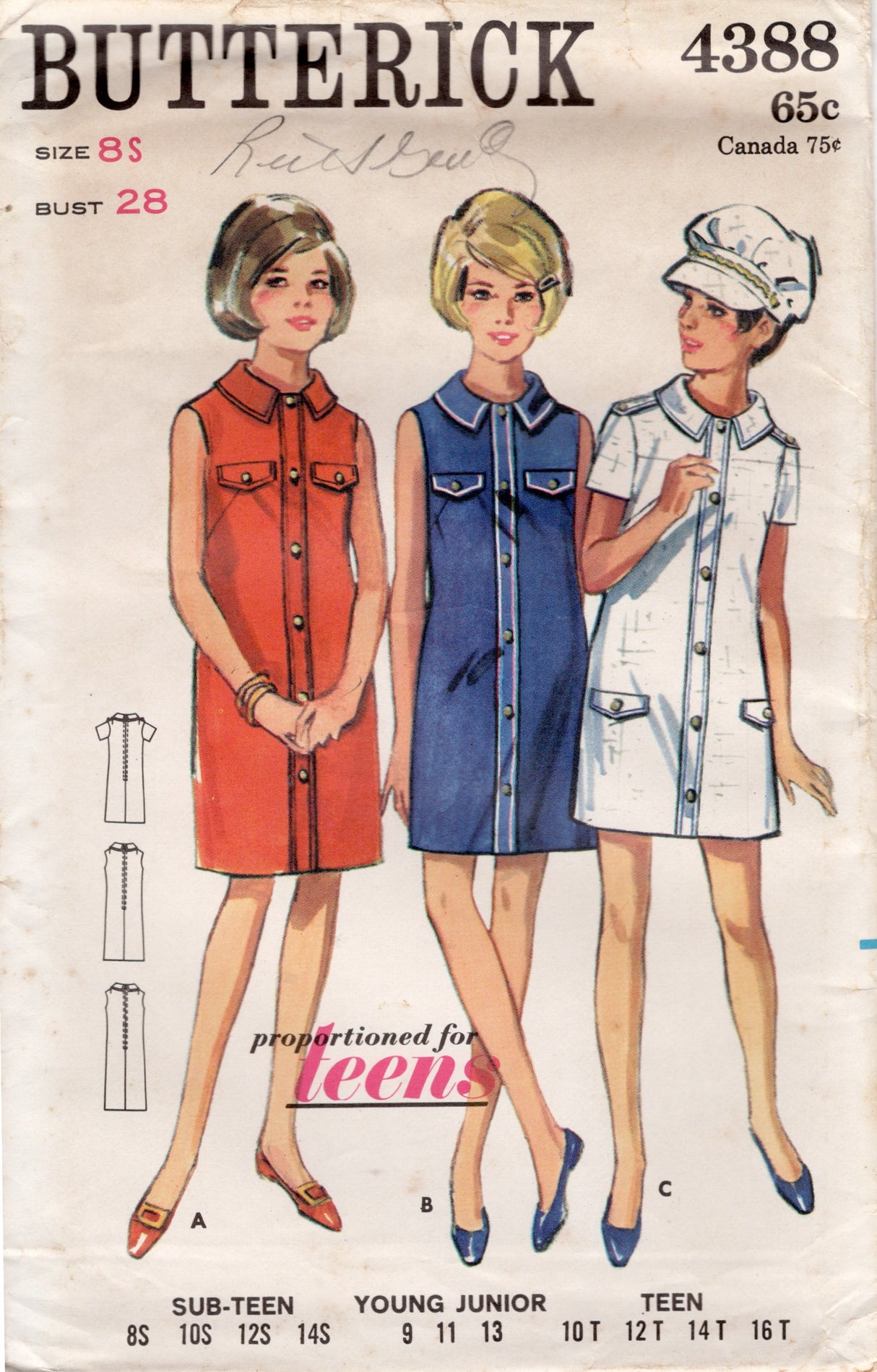 1960’s Butterick Straight Line Dress Pattern - Bust 28" - No. 4388